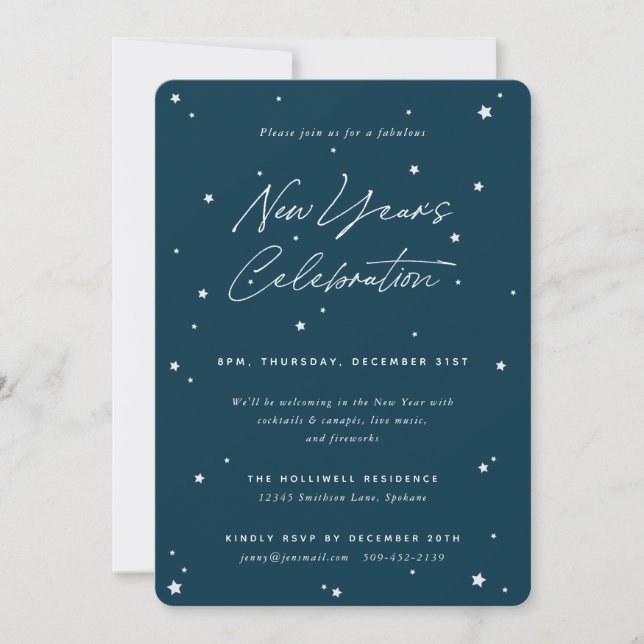 Teal+White Script Scattered Stars New Year Party Inbjudningar (Framsida)
