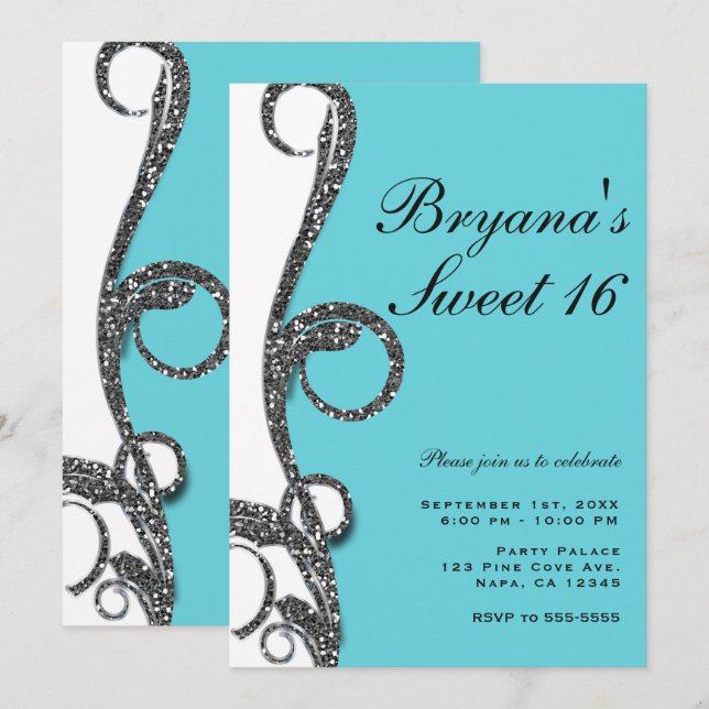 Teal White Silver Glitter Swirl Sweet 16 Party Inbjudningar (Fram/baksida)