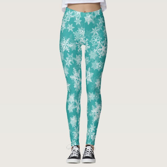 Teal & White Snöflingor Winter Wonderland Helgdag Leggings (Framsida)