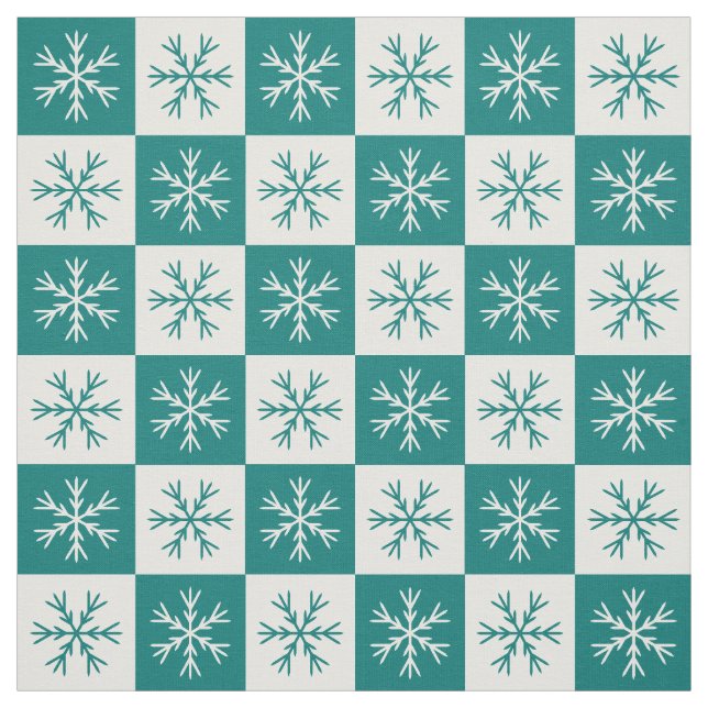 Teal White Snowflake Checkad Mönster Tyg (Provkarta)