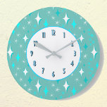 Teal White Stars Mönster Retro Kökvägg Stor Klocka<br><div class="desc">En köldbock med bakgrunden mönster av tårna och vita stjärnor med vitt ansikte och blått och svart brev. Anpassa den om du vill ändra färg och annat för bakgrunden.</div>
