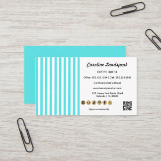 Teal White Stripes & QR Code & Social Media Icons Visitkort