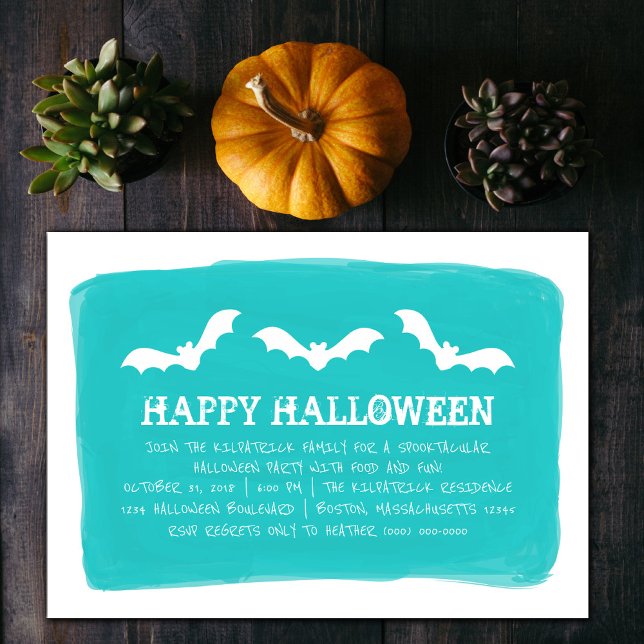 Teal White Watercolor Fladdermöss Halloween fest Inbjudningar (Teal and White Watercolor Bats Halloween Party Invite)