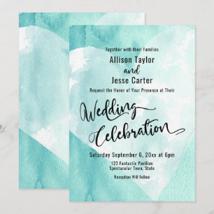 Teal White Watercolor Heart Bröllop Firande Inbjudningar