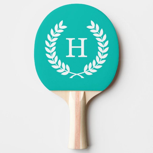 Teal White Wheat Laurel Utandning Monogram Pingisracket (Framsidan)