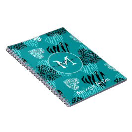 Teal White Zebra tryck Hearts Monogram Anteckningsbok