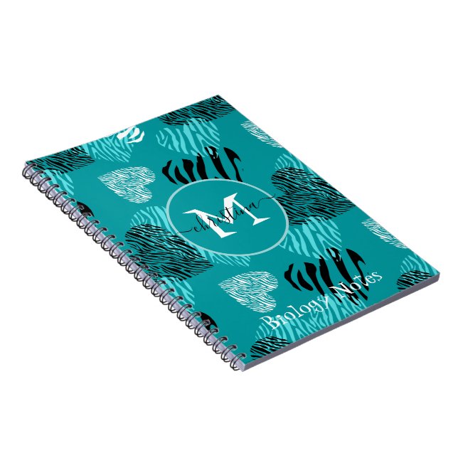 Teal White Zebra tryck Hearts Monogram Anteckningsbok (Högra Sidan)