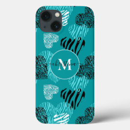 Teal White Zebra tryck Hearts Monogram iphone case