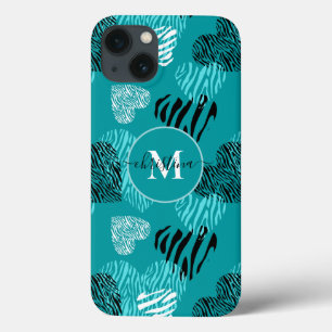 Teal White Zebra tryck Hearts Monogram iphone case
