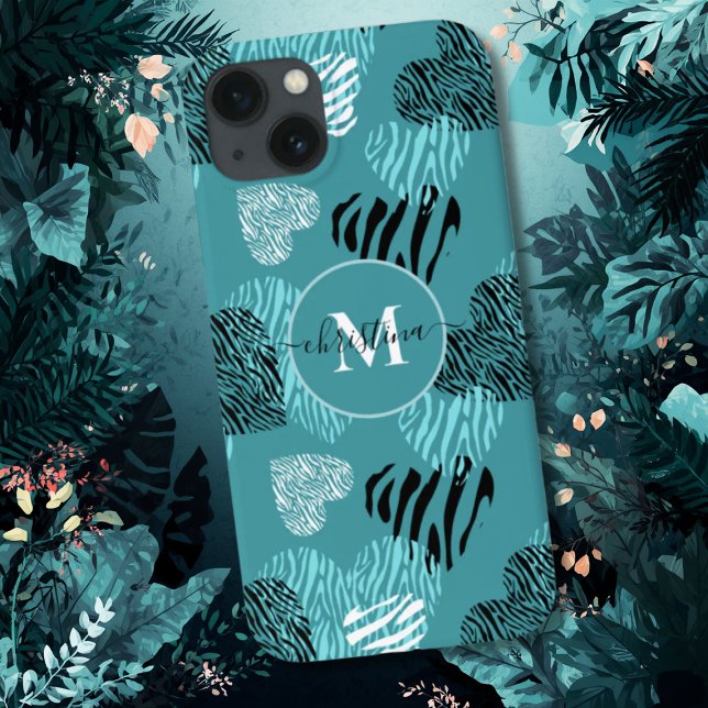 Teal White Zebra tryck Hearts Monogram iphone case (Skapare uppladdad)
