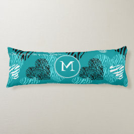 Teal White Zebra tryck Hearts Monogram Kroppskudde
