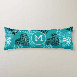 Teal White Zebra tryck Hearts Monogram Kroppskudde
