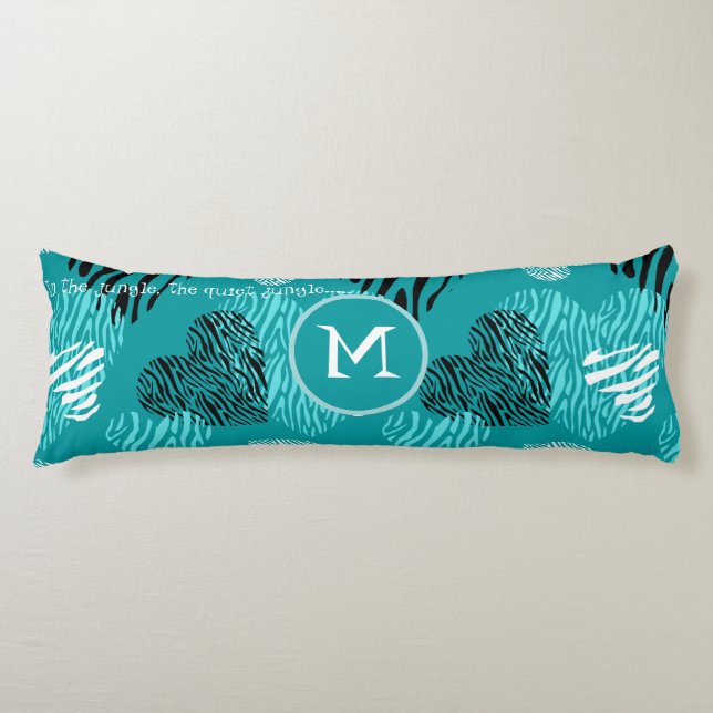 Teal White Zebra tryck Hearts Monogram Kroppskudde (Framsidan)