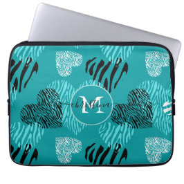 Teal White Zebra tryck Hearts Monogram Laptop Fodral
