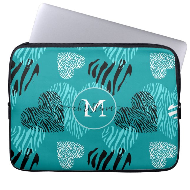 Teal White Zebra tryck Hearts Monogram Laptop Fodral (Framsidan)