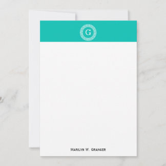 Teal Wht Grekiska Nyckel Rnd Ram Initial Monogram
