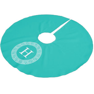 Teal Wht Grekiska Nyckel Rnd Ram Initial Monogram Julgransmatta Borstad Polyester
