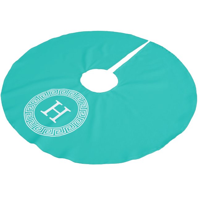 Teal Wht Grekiska Nyckel Rnd Ram Initial Monogram Julgransmatta Borstad Polyester (Vinklad)