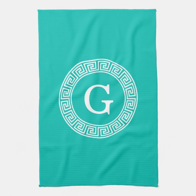 Teal Wht Grekiska Nyckel Rnd Ram Initial Monogram Kökshandduk (Vertikal)
