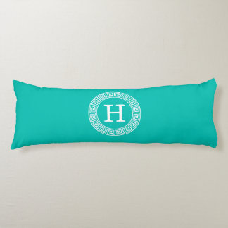 Teal Wht Grekiska Nyckel Rnd Ram Initial Monogram Kroppskudde