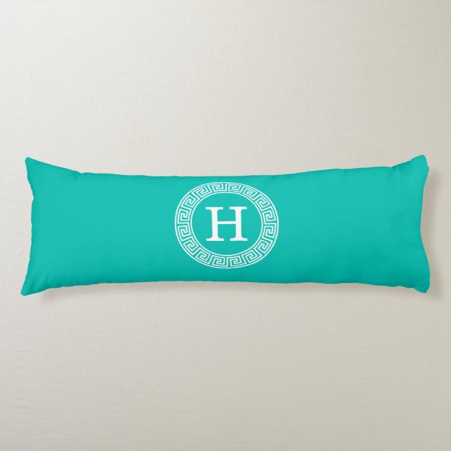 Teal Wht Grekiska Nyckel Rnd Ram Initial Monogram Kroppskudde (Framsidan)