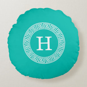 Teal Wht Grekiska Nyckel Rnd Ram Initial Monogram Rund Kudde