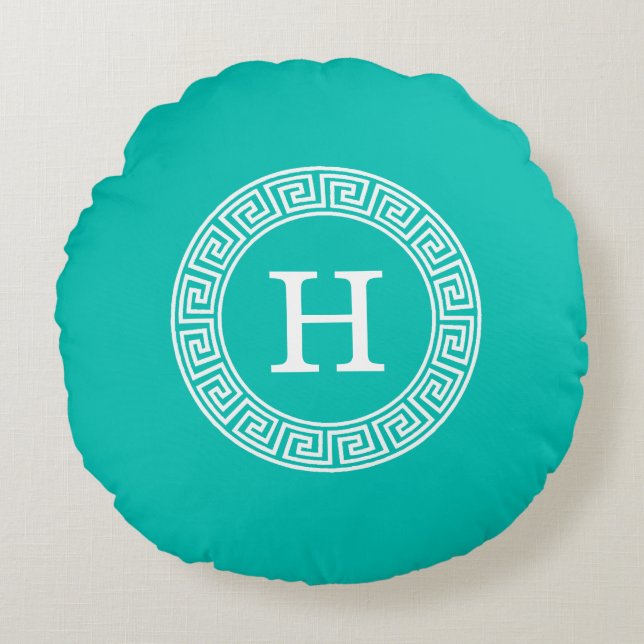 Teal Wht Grekiska Nyckel Rnd Ram Initial Monogram Rund Kudde (Framsidan)