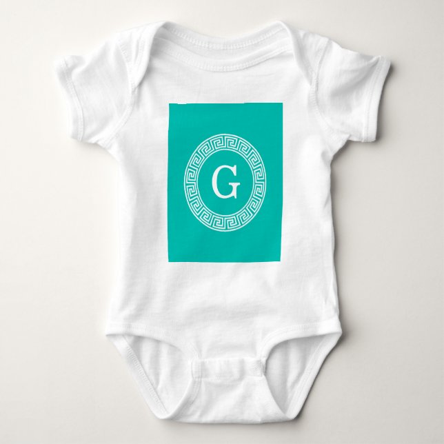 Teal Wht Grekiska Nyckel Rnd Ram Initial Monogram T Shirt (Framsida)