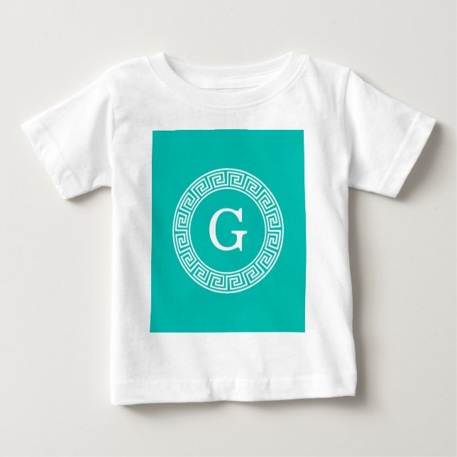 Teal Wht Grekiska Nyckel Rnd Ram Initial Monogram Tee (Framsida)