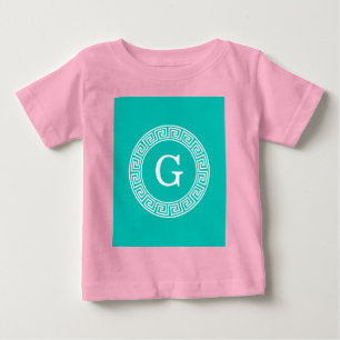 Teal Wht Grekiska Nyckel Rnd Ram Initial Monogram Tröja