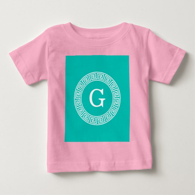 Teal Wht Grekiska Nyckel Rnd Ram Initial Monogram Tröja (Framsida)