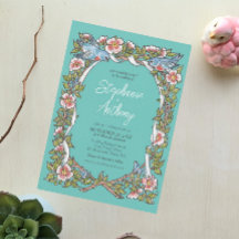 Teal Wildblomma Bird Blommigt Gräns Boho Bröllop
