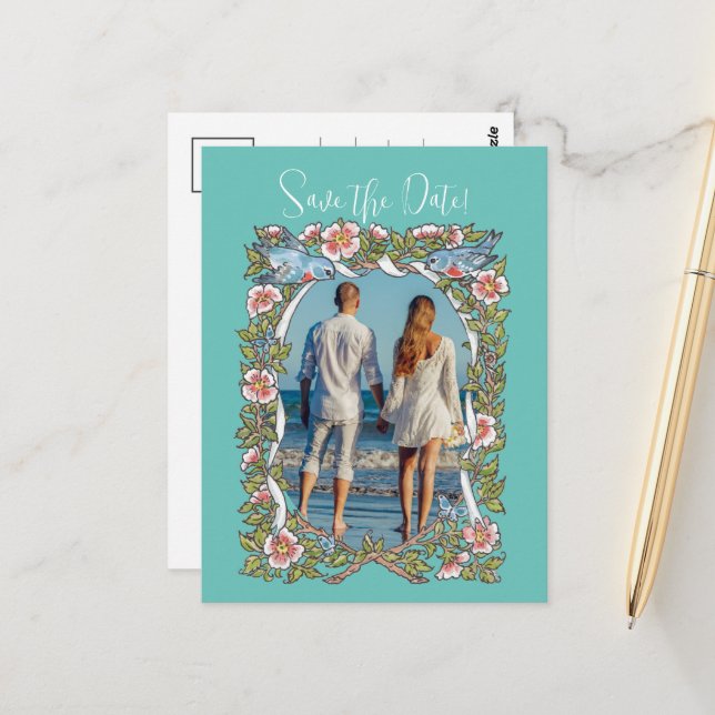 Teal Wildblomma Bird Gräns Spara datumfoto Vykort (Fram/Back In Situ)