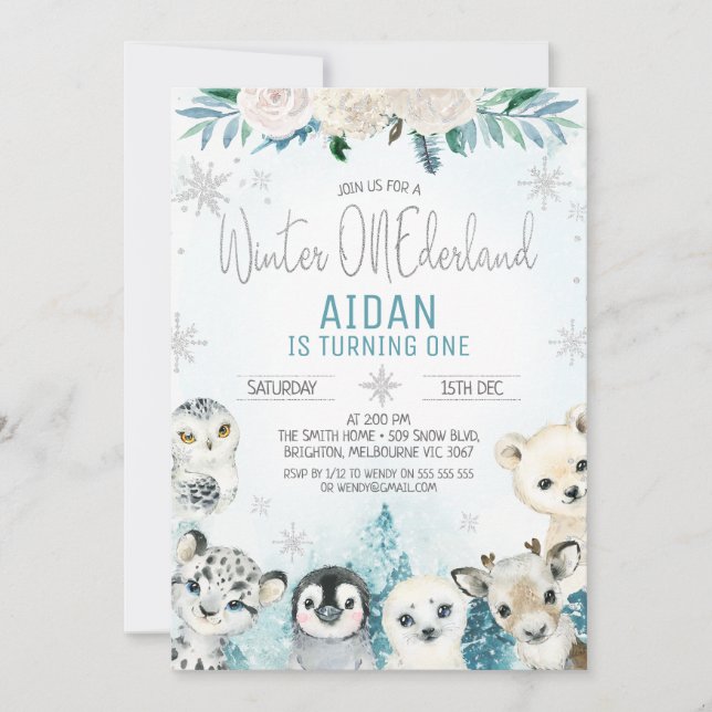 Teal Winter Animals Winter Onederland Birthday Inbjudningar (Framsida)