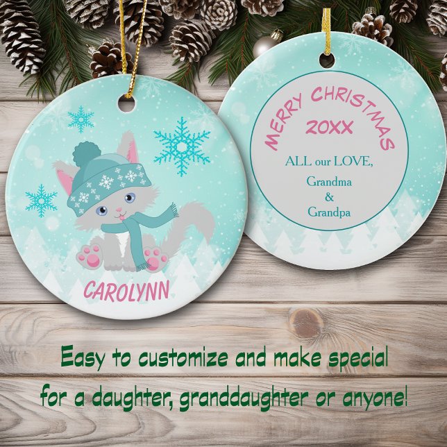 Teal Winter Snowflake Kitten Barn Julgransprydnad Keramik (Skapare uppladdad)