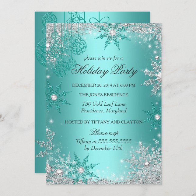 Teal Winter Wonderland jul Julfest 3 Inbjudningar (Fram/baksida)