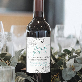 Teal with Grått Frills on White Bröllop Tack Vinflaska Etikett