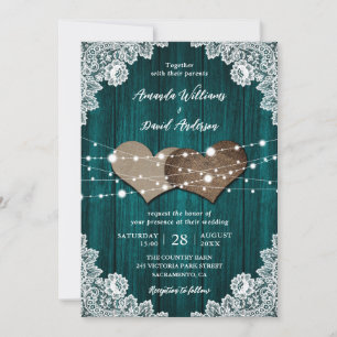 Teal Wood Burlap Blommigt Snöre Landsbyggsbröllop Inbjudningar