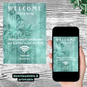 Teal Wood Flourish Shadows Guest WiFi-lösenord Poster