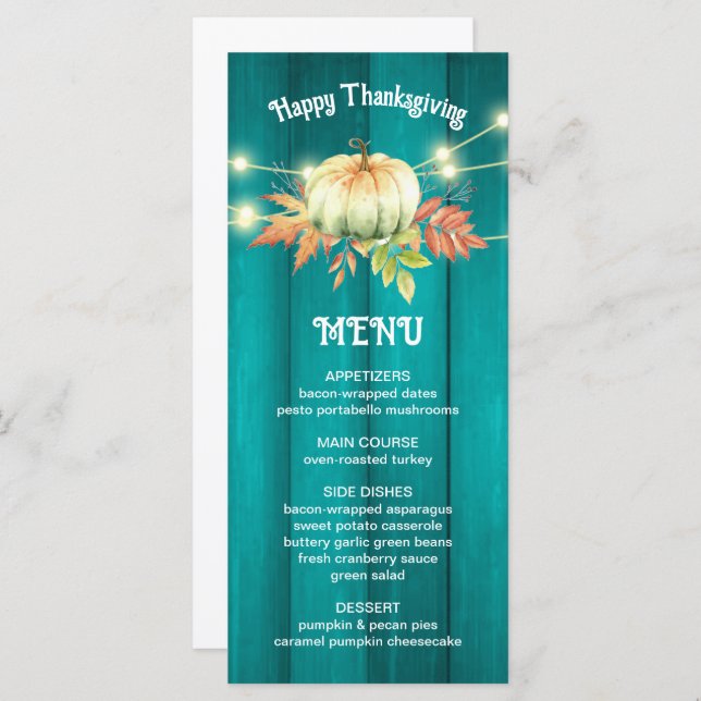 Teal Wood Grain Pumpkin Autumn Thanksgiving Menu Meny (Fram/baksida)