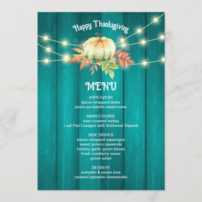 Teal Wood Grain Pumpkin Fall Thanksgiving Menu Meny (Framsida)