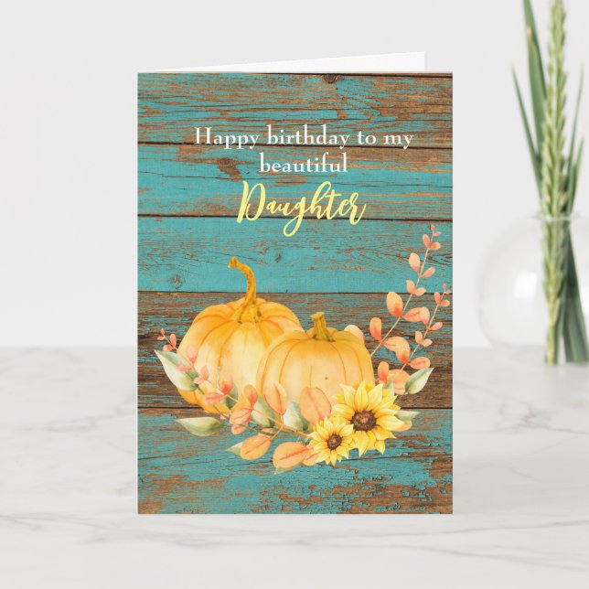 Teal Wood Solros Pumpkin Fall Birthday Dotter Kort (Framsida)