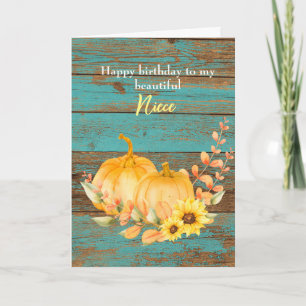 Teal Wood Solros Pumpkin Fall Birthday Niece Kort