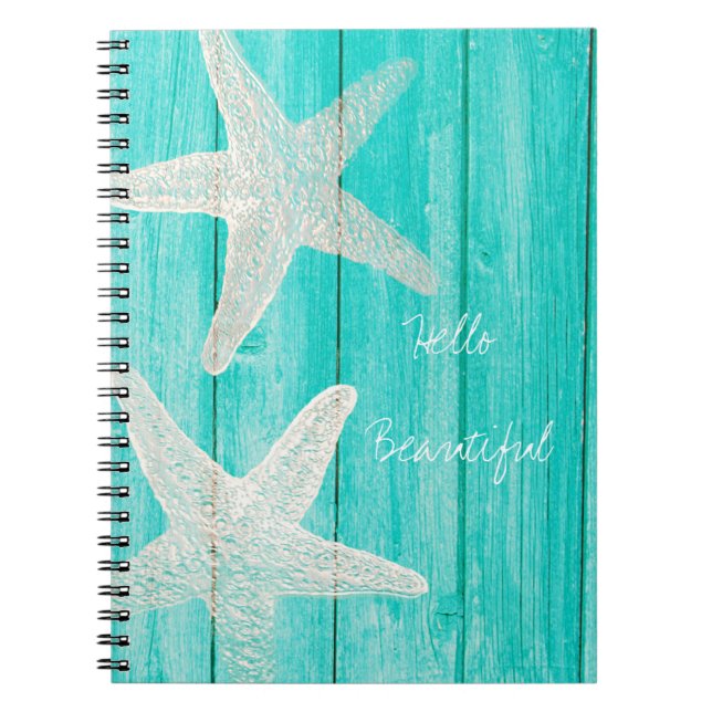 Teal Wood & Starfish Beach Elegant Chic Tropical Anteckningsbok (Framsidan)