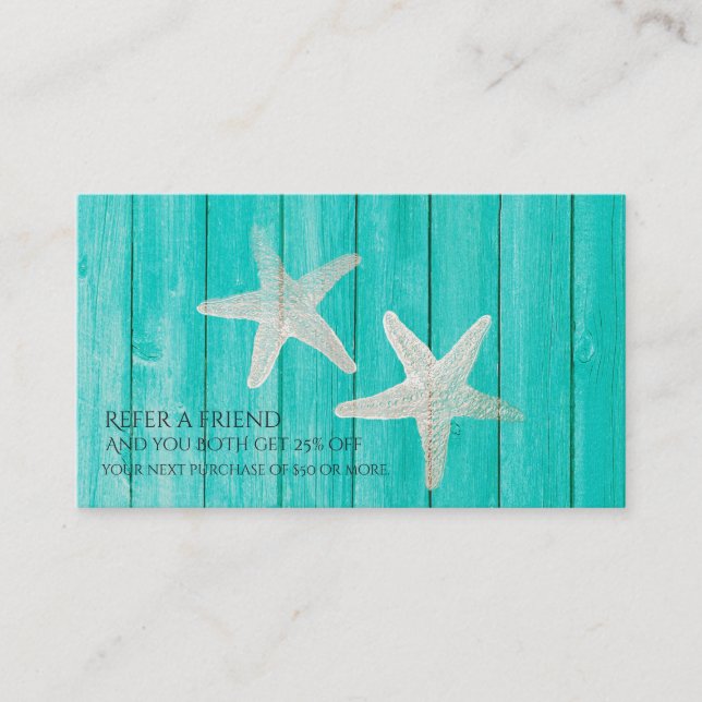 Teal Wood & Starfish Beach Elegant Referera till e Rabattkort (Framsida)