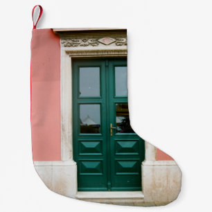 TEAL WOODEN DOOR MED VITSTEEL WINDOW RAM LITEN JULSTRUMPA