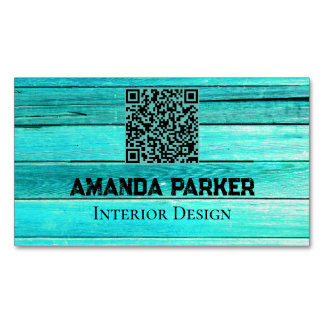 Teal Wooden Modern Simple QR Code Magnetiska Visitkort