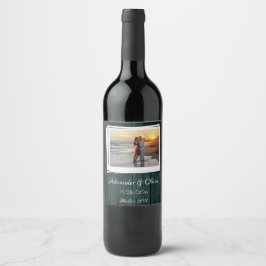 Teal Wooden Photo Bröllop Vin etikett