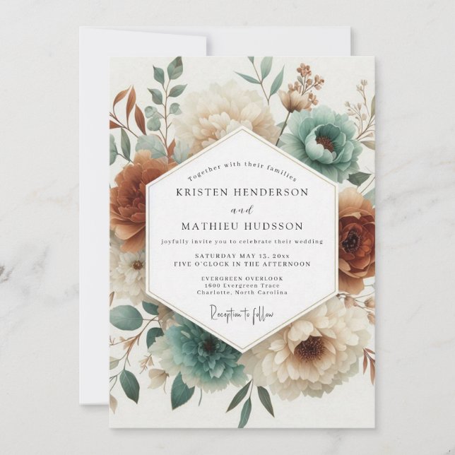 Teal Woodland Bloom Wedding Inbjudningar (Framsida)