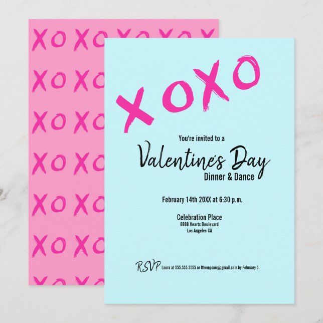Teal XOXO rosa Valentiness Middag Party Inbjudningar (Fram/baksida)